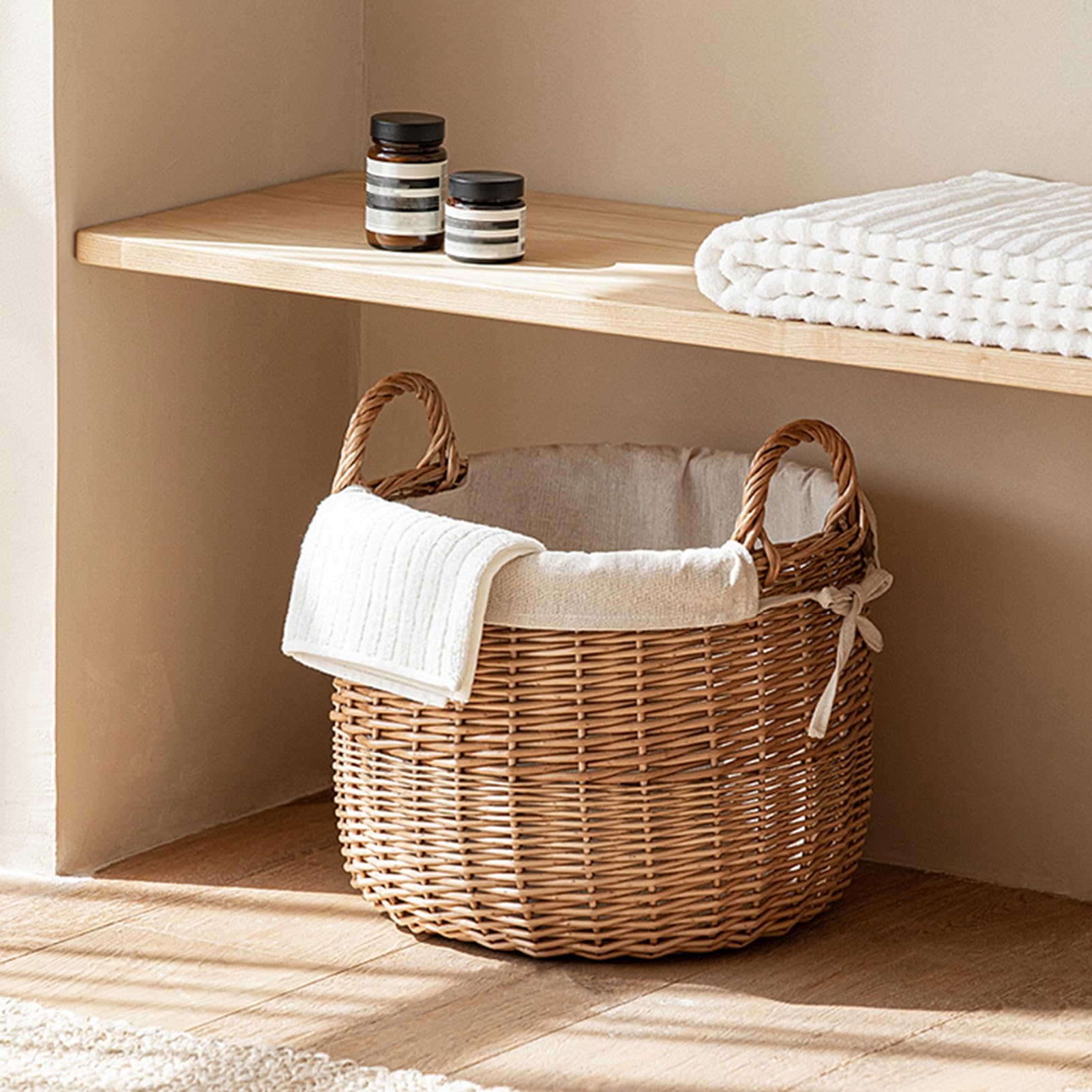 Amazon｜ZJUN - 籐織りランドリーバスケット、円形洗濯かご